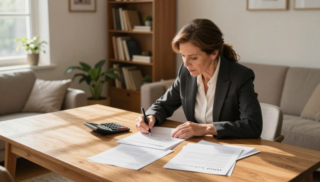 A cozy and inviting living room with a large wooden table at the center, covered with property appraisal documents and a calculator. A professional, middle-aged woman in a smart business suit is reviewing the papers intently, holding a pen poised to take notes. She is surrounded by warm, natural light streaming through a nearby window, casting gentle shadows across the room. In the background, a bookshelf filled with books about real estate and finance, and a few indoor plants add to the ambiance. The walls are painted in soft neutral tones, creating a calm and focused atmosphere. The camera angle is slightly elevated for a clear view of the appraisal documents and the woman’s engaged expression, emphasizing the importance of understanding property appraisals before buying a home.
