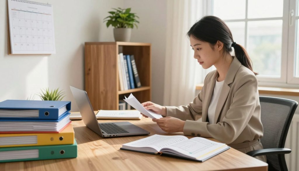 A cozy small business office scene filled with organized financial records. In the foreground, a wooden desk with a laptop, neatly stacked colorful folders, and an open ledger showcasing clear financial data. In the middle ground, a small bookshelf filled with financial books, a potted plant adding a touch of greenery, and a wall calendar visible. A professional woman in modest business attire sits at the desk, reviewing documents with a focused expression. The background features a bright window allowing natural light to fill the room, casting soft shadows. The atmosphere is calm and productive, emphasizing efficiency and organization in small business finance. Use soft, warm lighting to create an inviting and motivating workspace.