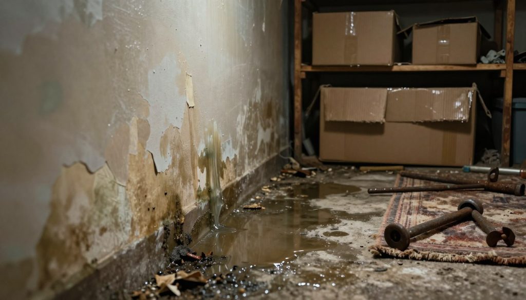 A dimly lit basement showcasing clear signs of water damage. In the foreground, a close-up view of peeling paint on the walls and a section of wet, stained drywall, revealing discoloration and mold growth. In the middle, a puddle of stagnant water collects on the concrete floor, surrounded by rusted tools and a damp, forgotten rug. The background features shelves with cardboard boxes showing signs of water exposure, slightly sagging under the weight of moisture. The atmosphere is somber and slightly eerie, with soft, diffuse lighting that accentuates the water stains and textures. The angle captures the depth of the basement, emphasizing the overwhelming sense of neglect and the urgent need for repair.