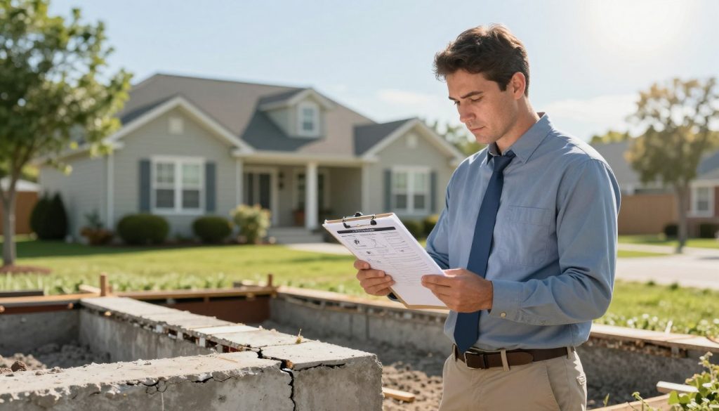 A professional home inspector standing on a residential foundation, reviewing a clipboard filled with notes and cost estimates for foundation repair. The inspector, dressed in smart business casual attire, is focused intently on the clipboard, which has clear diagrams of potential foundation issues. In the foreground, a cracked concrete foundation is visible, highlighting areas that may need repair. The middle ground showcases a typical suburban house, with lush green grass and trees, providing a homey context. The background features a bright blue sky with soft, diffused sunlight pouring down, creating a warm and inviting atmosphere. The overall mood conveys professionalism and diligence, emphasizing the importance of cost estimates in foundation repair.