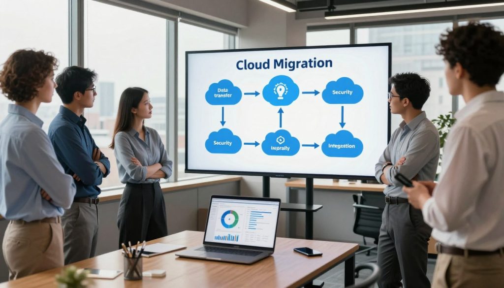 A professional office setting illustrating cloud migration for small businesses. In the foreground, a diverse group of business professionals, dressed in smart casual clothing, stand around a large digital display showcasing a flowchart of cloud migration steps—like data transfer, security, and integration. In the middle ground, a sleek modern laptop on a wooden desk displays charts and graphs related to cloud services. The background features large windows with a cityscape view, symbolizing growth and connectivity. Warm, natural lighting fills the room, creating an inviting atmosphere. The camera angle is slightly elevated, capturing both the engaged team and the dynamic display, emphasizing collaboration and innovation in cloud migration.