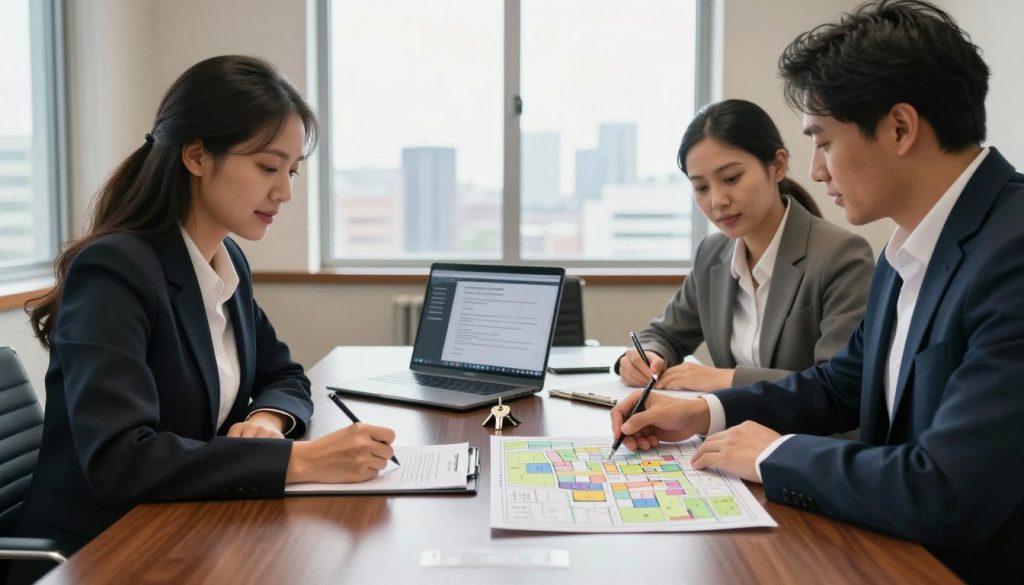 A professional real estate closing scene set in a well-lit conference room. In the foreground, a diverse group of three people dressed in professional business attire is engaged in discussion around a polished conference table. One person is signing important documents, while another is pointing to a detailed property map. The middle layer includes a laptop displaying real estate documents and a small stack of keys symbolizing the transfer of ownership. The background features a large window with natural light streaming in, illuminating the room and revealing a view of a city skyline. The atmosphere is focused and collaborative, conveying the seriousness and importance of the closing process in real estate transactions. Soft shadows and warm lighting enhance the professional ambiance.