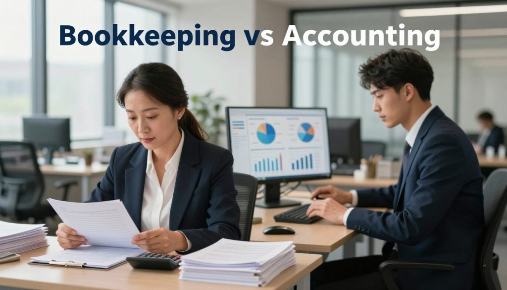 A split-image concept illustrating "Bookkeeping vs Accounting," showcasing the key differences. In the foreground, on the left, depict a diligent bookkeeper, a middle-aged woman in smart business attire, carefully organizing documents and using a calculator surrounded by stacks of financial records, representing meticulous detail-oriented work. In the middle ground, present an accountant, a young man in a business suit, analyzing data on a computer screen with graphs and charts prominently displayed, symbolizing strategic analysis and financial planning. The background features a modern office environment, well-lit with natural light filtering through large windows, creating a professional and focused atmosphere. Use a slightly blurred effect for a soft focus on the background, emphasizing the professionals in the foreground.