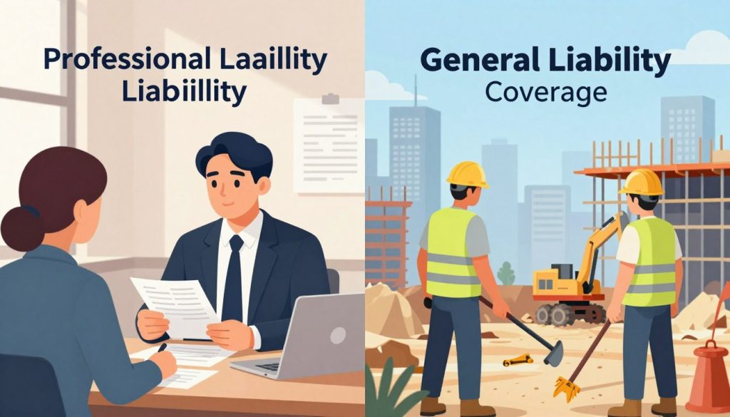 A split-screen illustration depicting the core differences between Professional Liability and General Liability Coverage. On the left side, a professional setting with an attorney or consultant in a business suit engaged in conversation with a client, surrounded by documents and charts symbolizing advice and services. Soft, natural lighting enhances the serious atmosphere. On the right side, a construction site with workers wearing helmets and safety vests, showcasing a more hands-on environment with visible tools and machinery. Bright, clear lighting emphasizes safety and activity. The background features a cityscape blending both professional and industrial elements, symbolizing the diverse applications of each type of coverage, creating a balanced and informative visual representation.