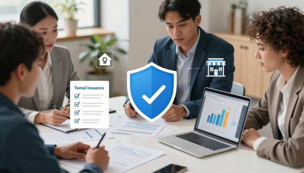 A visually engaging illustration to explain the core components of General Liability Insurance for small businesses. In the foreground, a diverse group of three professionals, dressed in smart casual attire, are gathered around a table scattered with insurance documents and a laptop displaying graphs. In the middle, clear visual elements representing liability insurance, such as a shield icon, checklists, and business icons (like storefronts and products) are creatively integrated. The background features a calm office space with soft lighting, emphasizing a collaborative atmosphere. The angle is slightly overhead to highlight the interaction among the professionals, conveying clarity and focus on their discussion. The overall mood is informative yet inviting, encouraging understanding of insurance essentials without the distraction of text or logos.