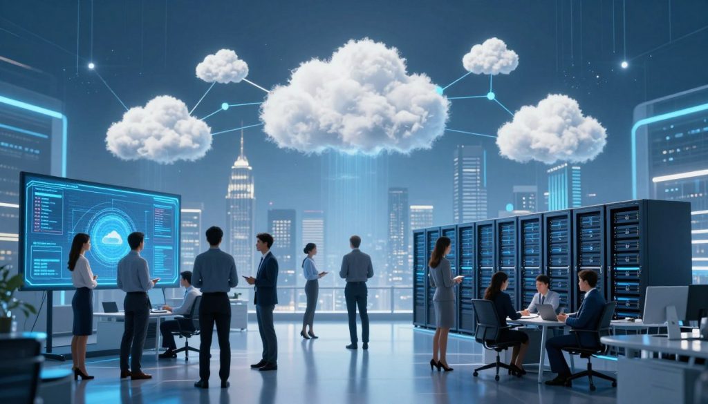A visually striking image contrasting public cloud services and private cloud solutions. In the foreground, a sleek, modern office with a diverse group of professionals in business attire, engaged in a discussion around a large digital screen displaying data visualization of cloud computing. In the middle, clouds are represented as interconnected nodes, symbolizing public cloud services, while distinct servers and a locked data center illustrate private cloud solutions. The background features a city skyline, signifying urban infrastructure powered by cloud technology. The lighting is bright with a futuristic blue hue, casting soft shadows for depth. The composition should create a sense of innovation and professionalism, emphasizing the technological advancements in cloud computing.